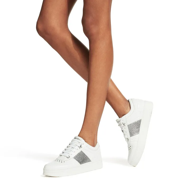 Hawaii F White Calf Leather LaceUp Trainers With Glitter Stripe X Whitesilver Women JIMMY CHOO Sneakers