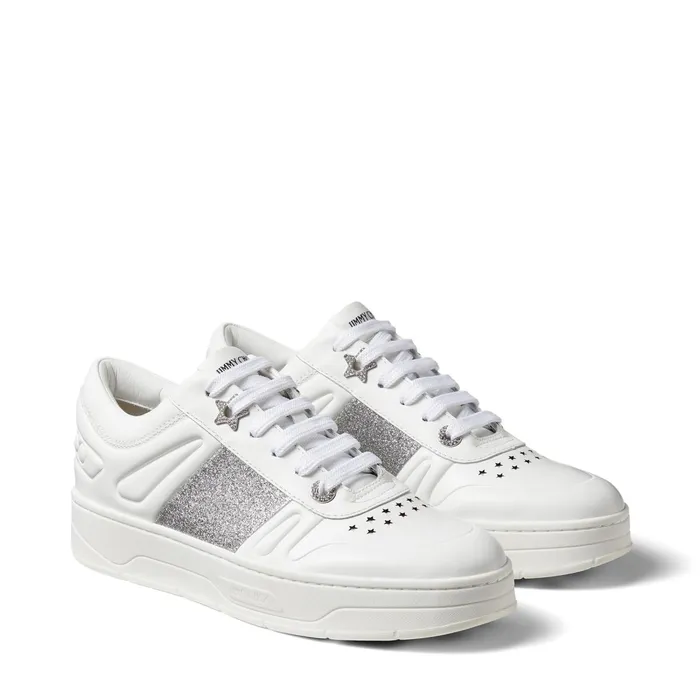Hawaii F White Calf Leather LaceUp Trainers With Glitter Stripe X Whitesilver Women JIMMY CHOO Sneakers