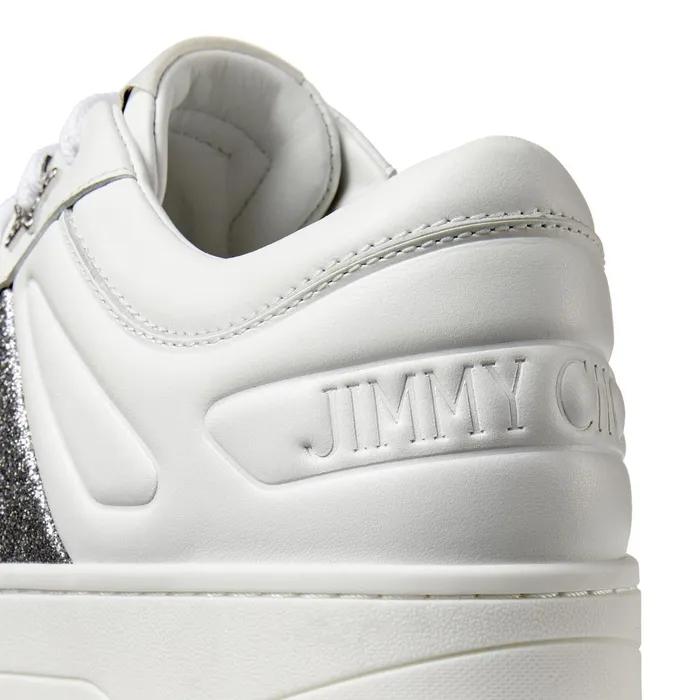 Hawaii F White Calf Leather LaceUp Trainers With Glitter Stripe X Whitesilver Women JIMMY CHOO Sneakers