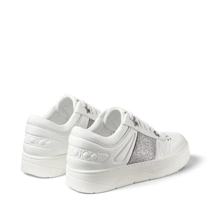 Hawaii F White Calf Leather LaceUp Trainers With Glitter Stripe X Whitesilver Women JIMMY CHOO Sneakers