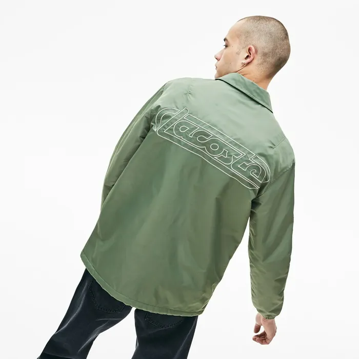 Jackets and Coats Lacoste Mens LIVE Buttoned Embroidered Coach Jacket Khaki Green Outlet