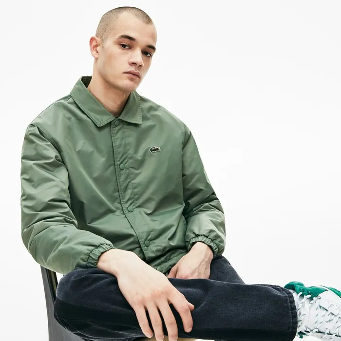 Jackets and Coats Lacoste Mens LIVE Buttoned Embroidered Coach Jacket Khaki Green Outlet
