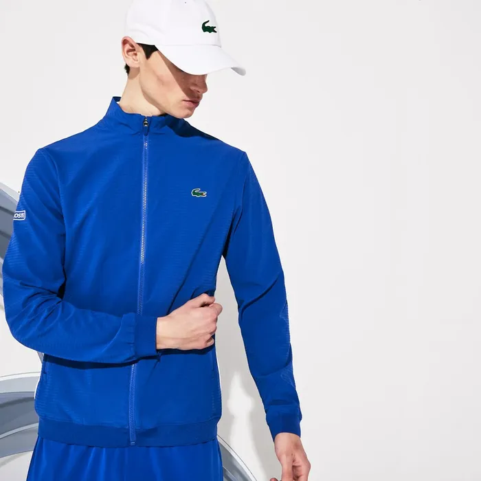 Jackets and Coats Lacoste Mens SPORT Novak Djokovic Textured Zip Jacket BlueWhite On Sale