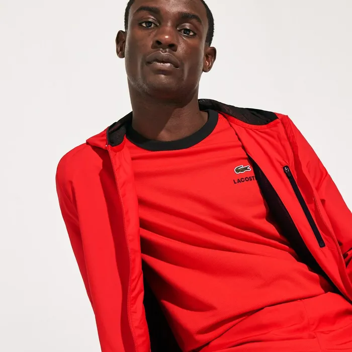 Jackets and Coats Lacoste Mens SPORT WaterResistant Foldable Hooded Zip Jacket RedBlack USA