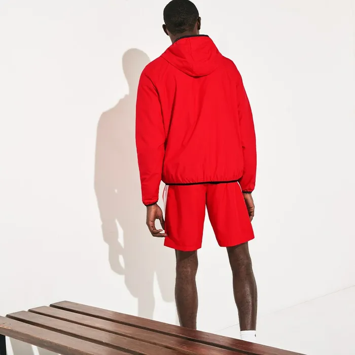 Jackets and Coats Lacoste Mens SPORT WaterResistant Foldable Hooded Zip Jacket RedBlack USA