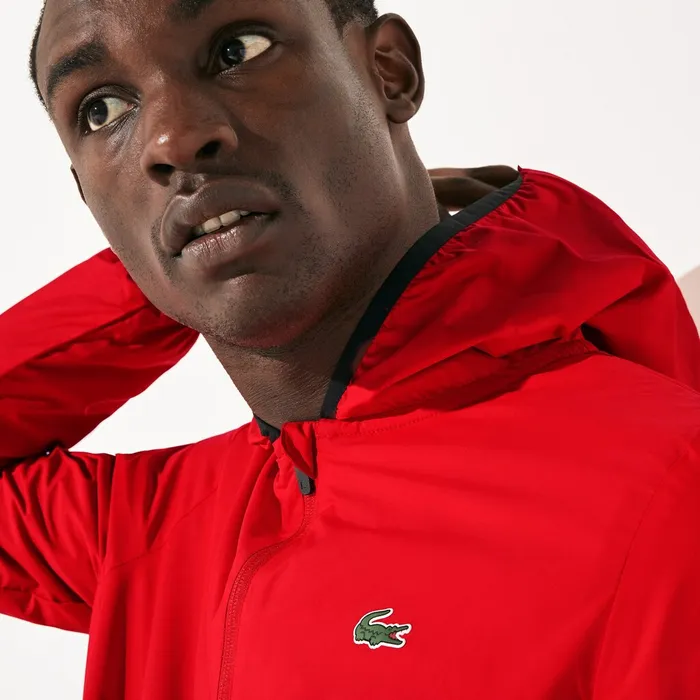 Jackets and Coats Lacoste Mens SPORT WaterResistant Foldable Hooded Zip Jacket RedBlack USA