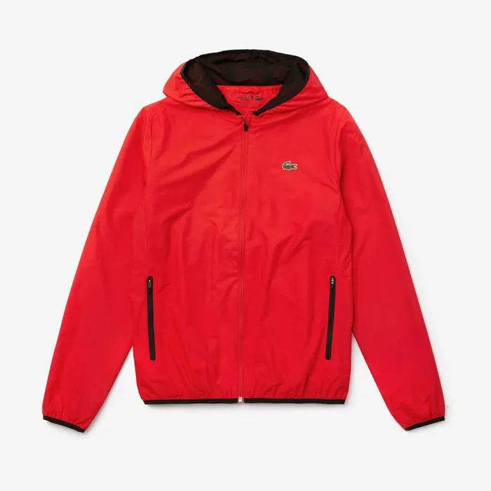 Jackets and Coats Lacoste Mens SPORT WaterResistant Foldable Hooded Zip Jacket RedBlack USA