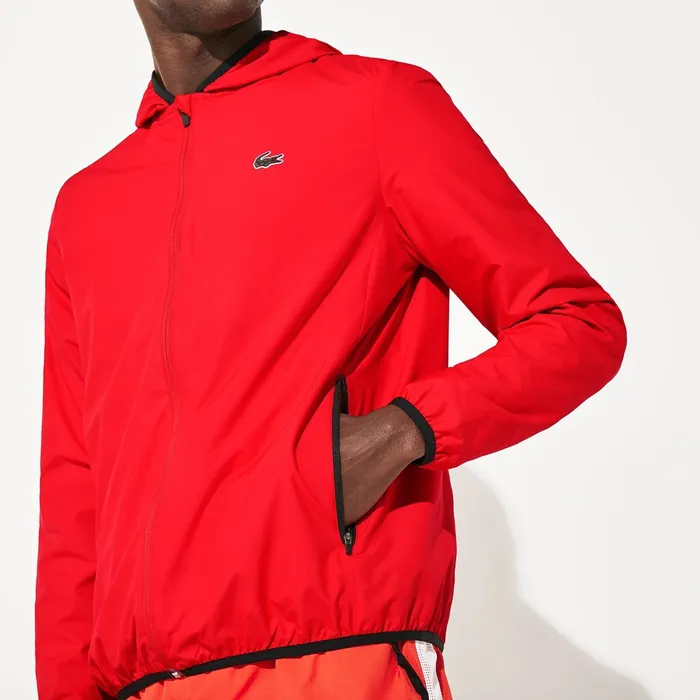Jackets and Coats Lacoste Mens SPORT WaterResistant Foldable Hooded Zip Jacket RedBlack USA