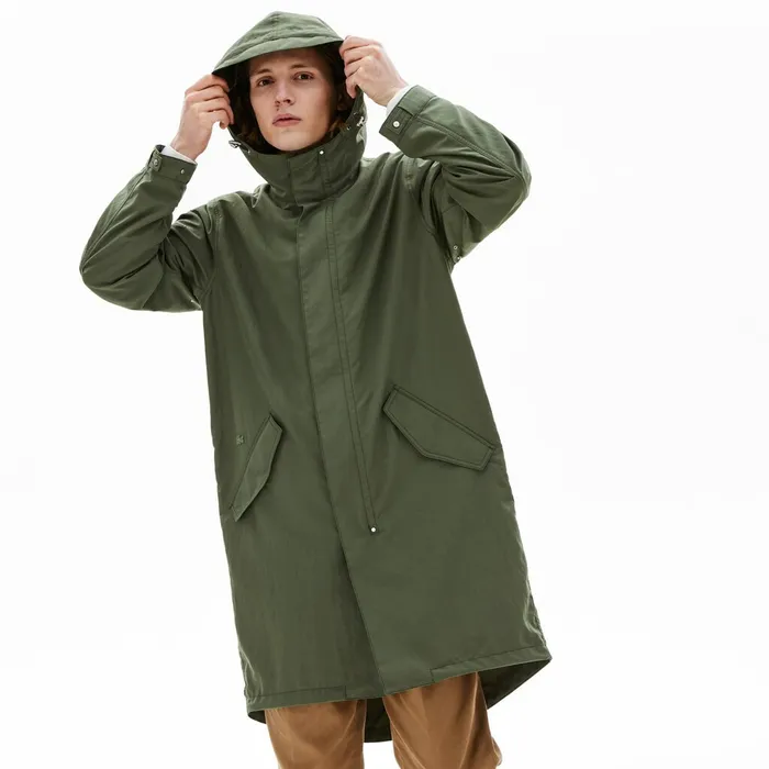 Jackets and Coats Lacoste Mens UltraLight Hooded Long Parka Khaki Green Shop