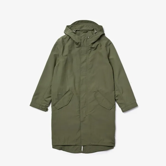 Jackets and Coats Lacoste Mens UltraLight Hooded Long Parka Khaki Green Shop