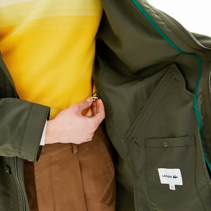 Jackets and Coats Lacoste Mens UltraLight Hooded Long Parka Khaki Green Shop