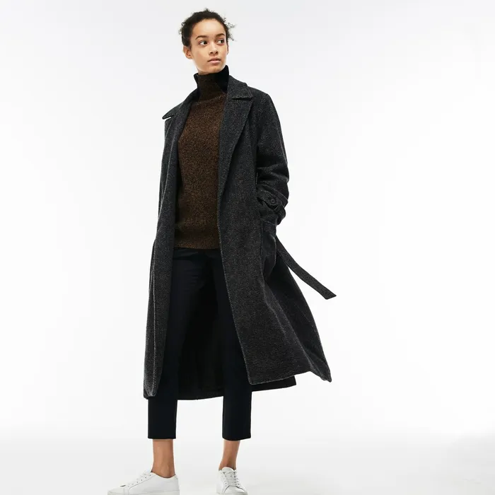 Jackets and Coats Lacoste Womens Long Belted Tweed Coat Grey Shop Online