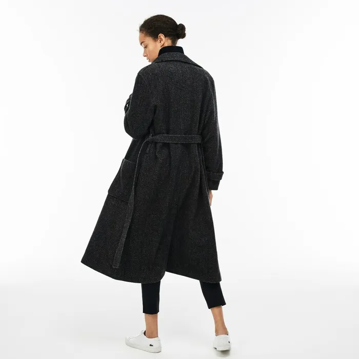 Jackets and Coats Lacoste Womens Long Belted Tweed Coat Grey Shop Online