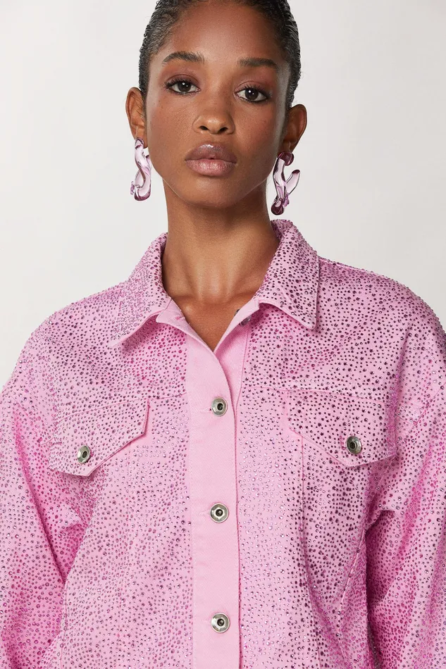 Jackets Women Patrizia Pepe Jeans Jacket With Rhinestones Fresh Pink