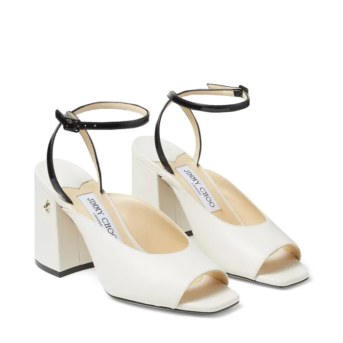Jassidy 85 Latte Nappa And Black Patent BlockHeel Sandals With Jc Emblem Latteblack Women JIMMY CHOO Sandals