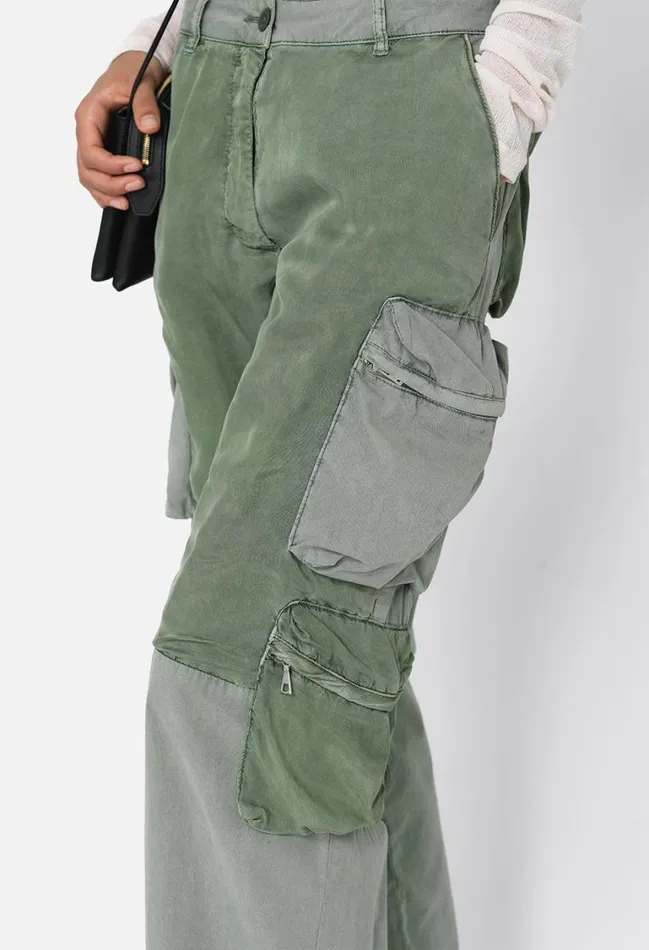John Elliott Bottoms Cupro Low Rise Wide Leg Cargo Washed Olive 8211 Women