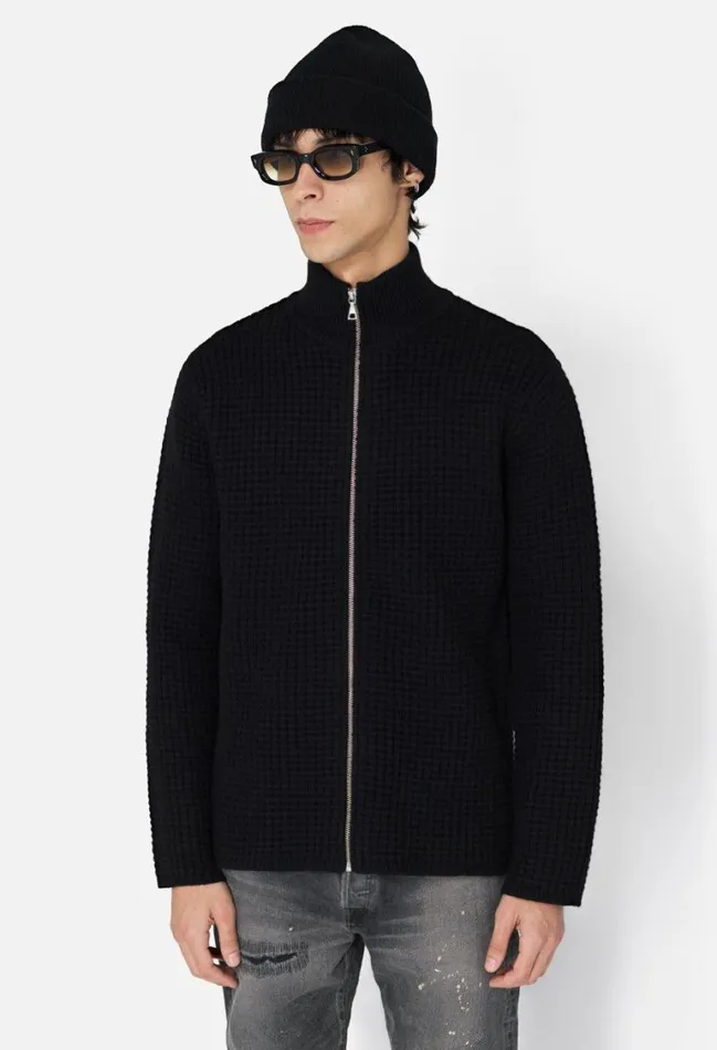 John Elliott Knitwear Wool Waffle Knit FullZip Black 8211 Men