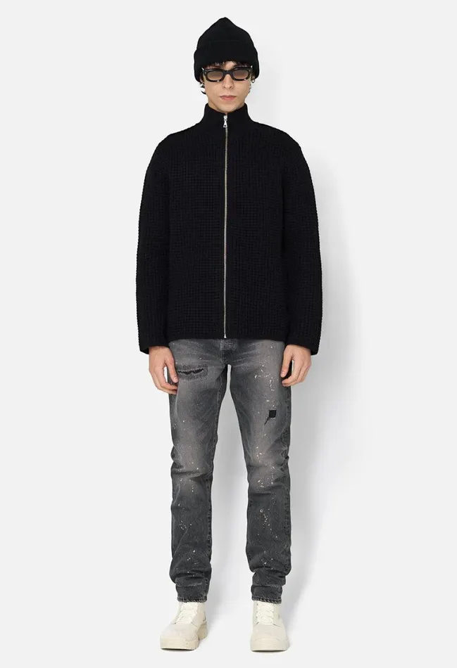 John Elliott Knitwear Wool Waffle Knit FullZip Black 8211 Men