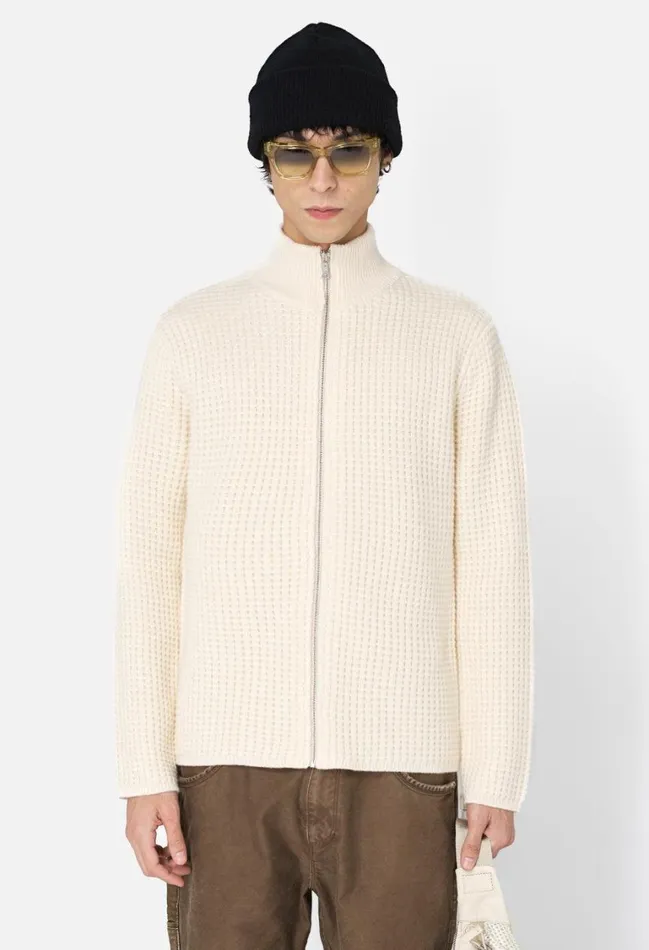 John Elliott Knitwear Wool Waffle Knit FullZip Ivory 8211 Men John Elliott Knitwear Wool Waffle Knit FullZip Ivory 8211 Men