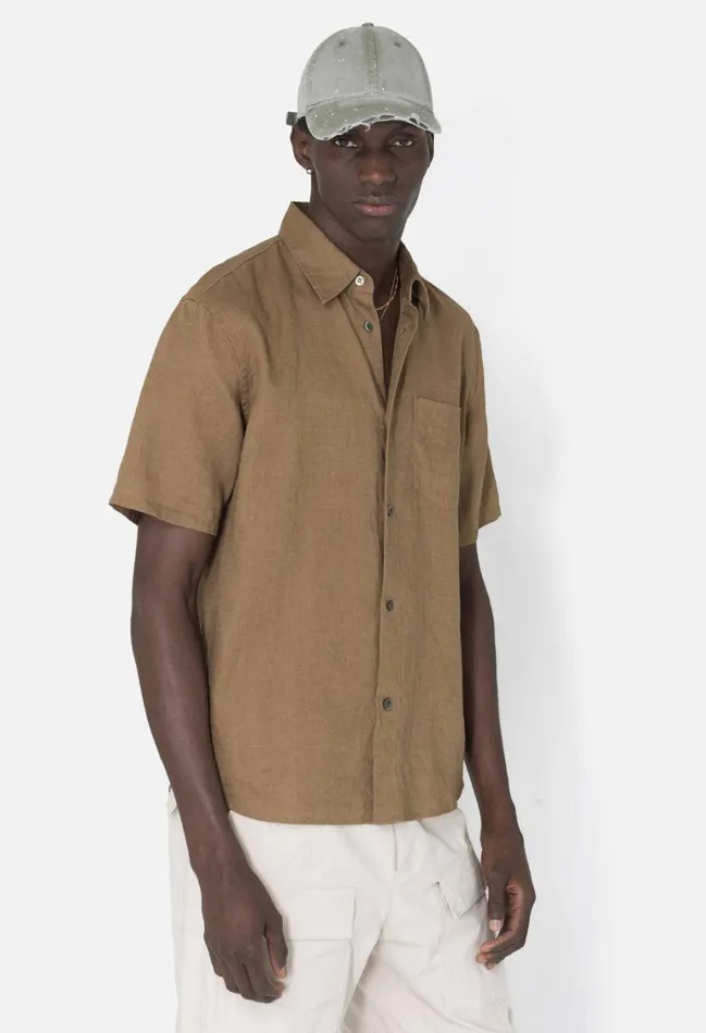 John Elliott Shirts Linen Ss Cloak Button Up Brown 8211 Men
