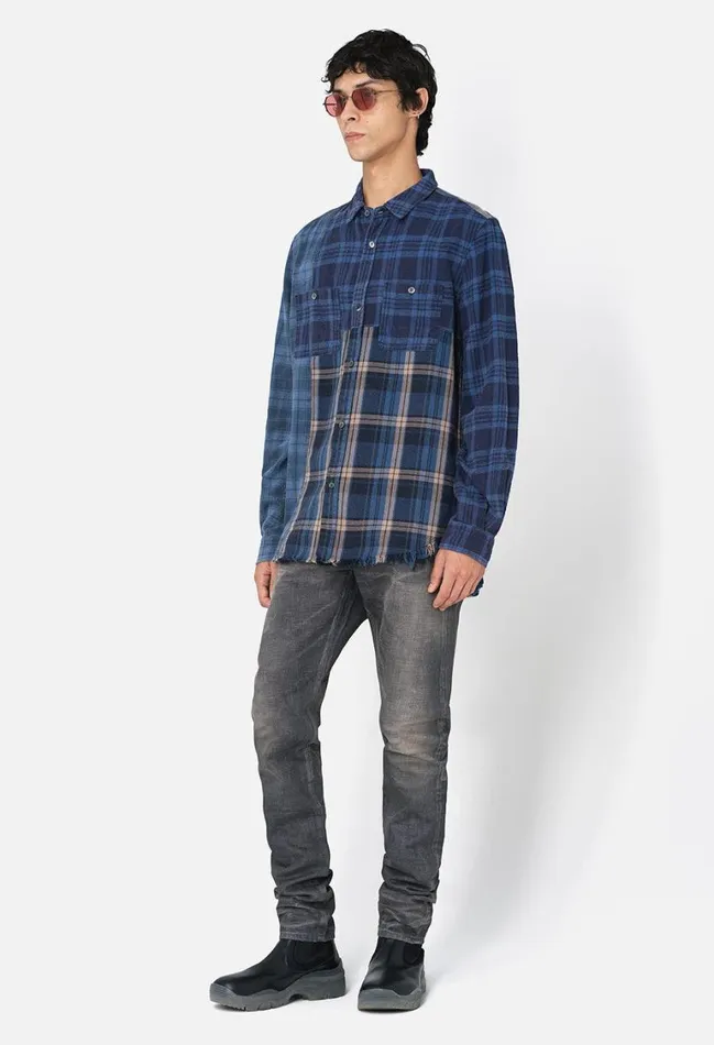 John Elliott Shirts Silverado Paneled Plaid Blue X Black 8211 Men