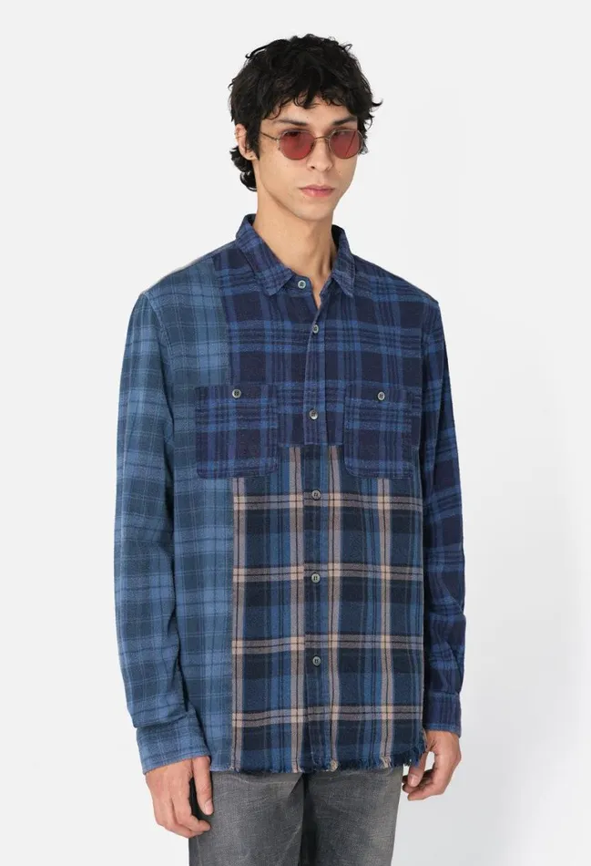 John Elliott Shirts Silverado Paneled Plaid Blue X Black 8211 Men