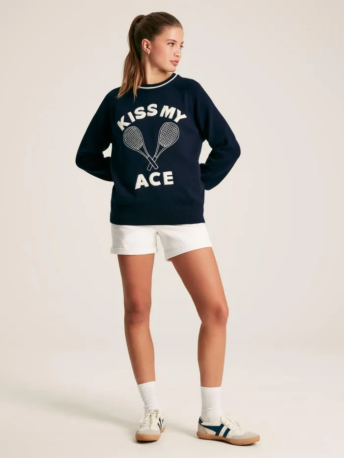 Joules Break Point 8211 Navy Knitted Tennis Slogan Jumper Women Knitwear