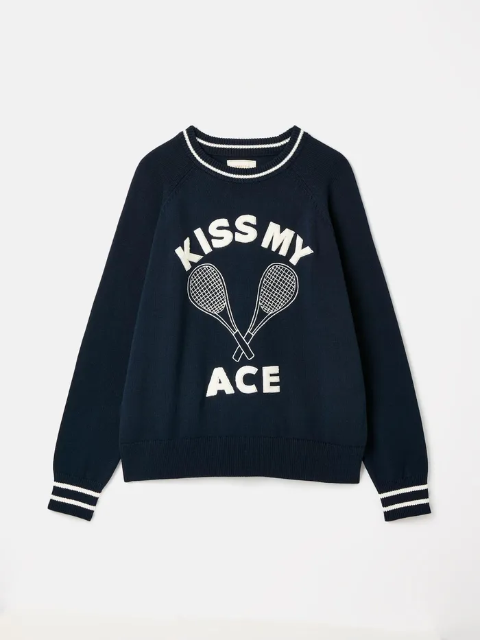 Joules Break Point 8211 Navy Knitted Tennis Slogan Jumper Women Knitwear