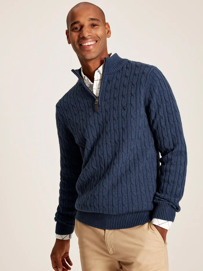 Joules Cable Knit 8211 Blue Quarter Zip Jumper Men Knitwear