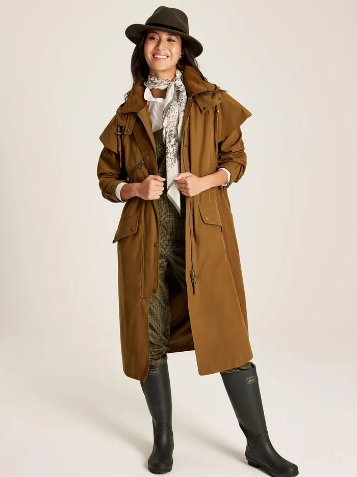 Joules Canter 8211 Rust Brown Shower Resistant Long Wax Jacket Women Coats and Jackets