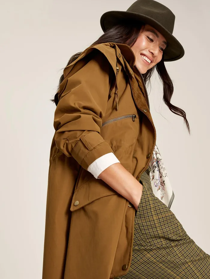 Joules Canter 8211 Rust Brown Shower Resistant Long Wax Jacket Women Coats and Jackets