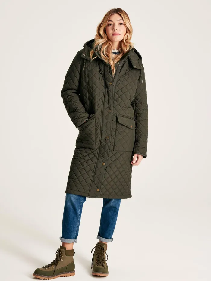 Joules Chatsworth 8211 Green Showerproof Long Diamond Quilted Coat With Hood Women Raincoats