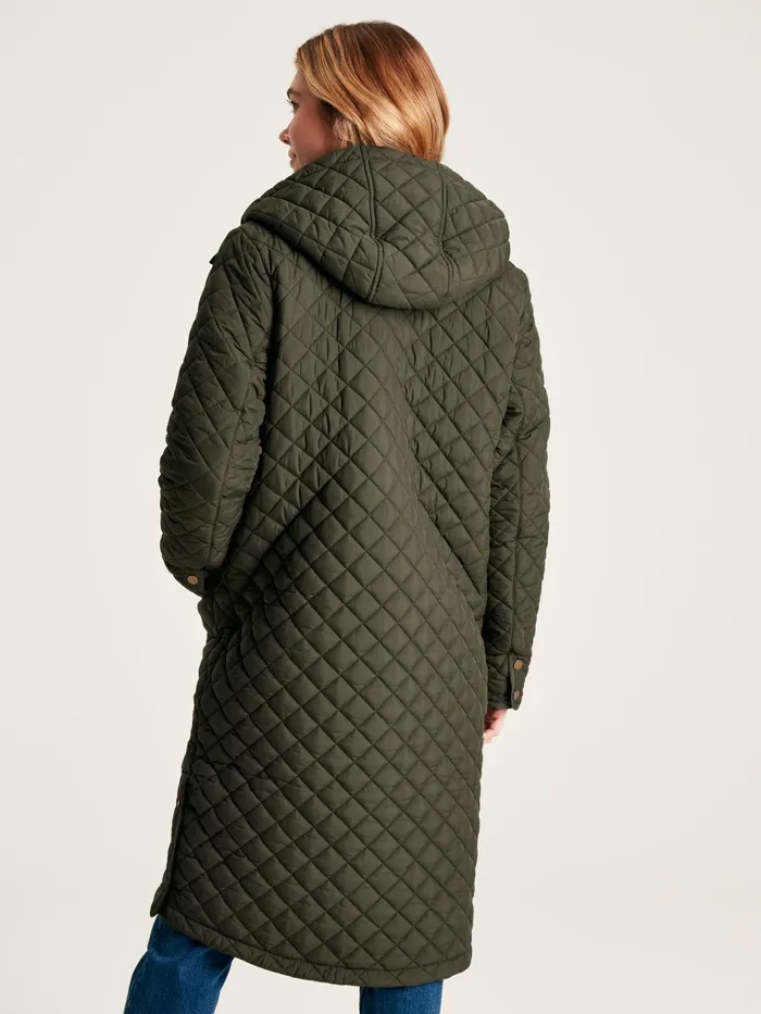 Joules Chatsworth 8211 Green Showerproof Long Diamond Quilted Coat With Hood Women Raincoats