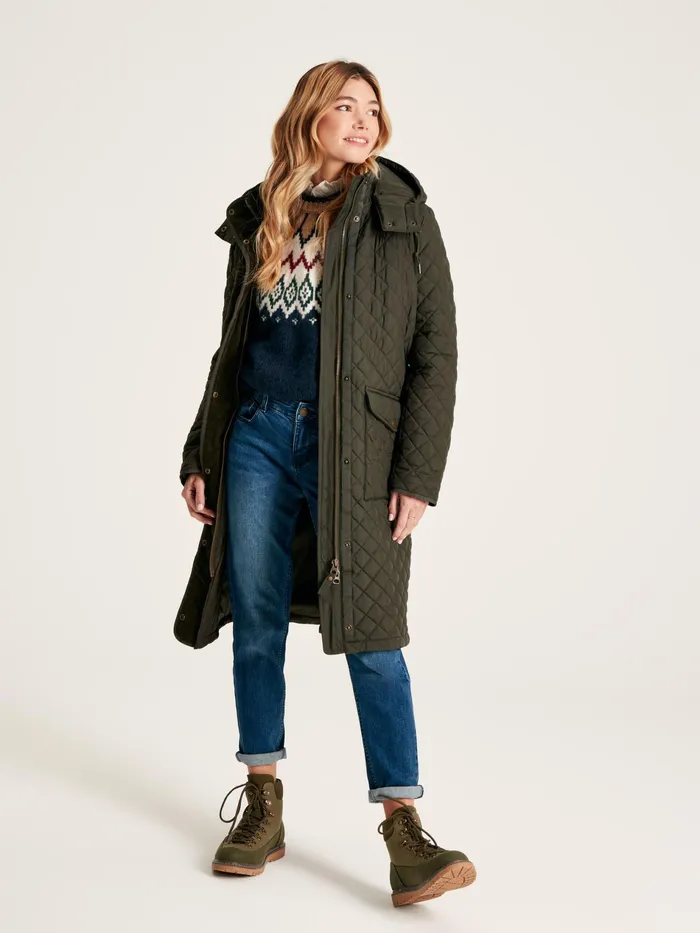 Joules Chatsworth 8211 Green Showerproof Long Diamond Quilted Coat With Hood Women Raincoats