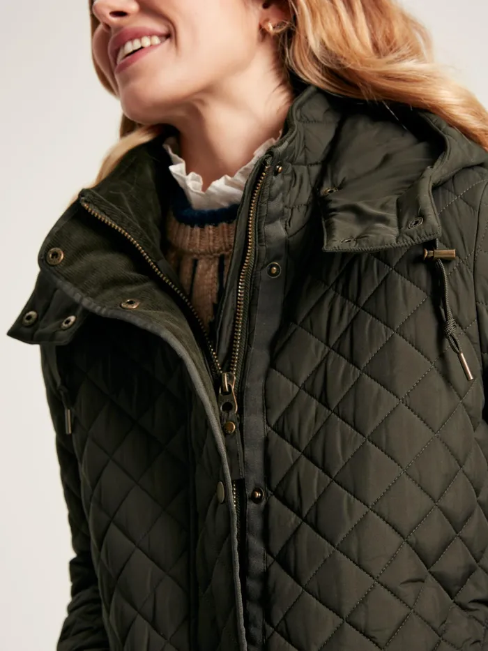 Joules Chatsworth 8211 Green Showerproof Long Diamond Quilted Coat With Hood Women Raincoats