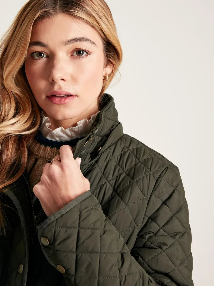 Joules Chatsworth 8211 Green Showerproof Long Diamond Quilted Coat With Hood Women Raincoats
