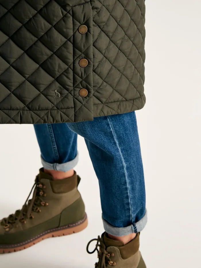 Joules Chatsworth 8211 Green Showerproof Long Diamond Quilted Coat With Hood Women Raincoats