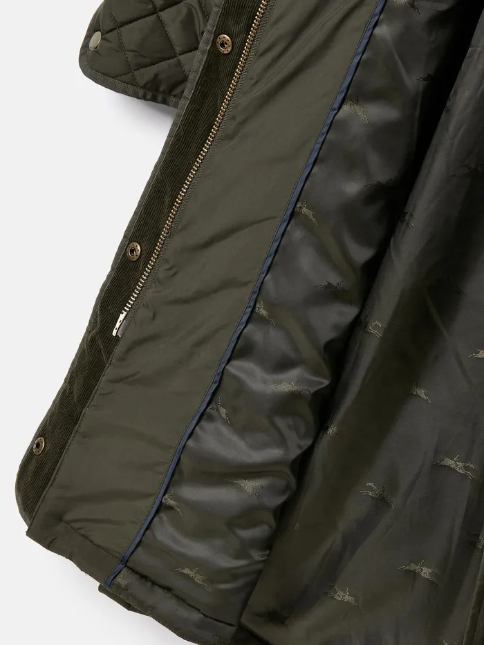 Joules Chatsworth 8211 Green Showerproof Long Diamond Quilted Coat With Hood Women Raincoats