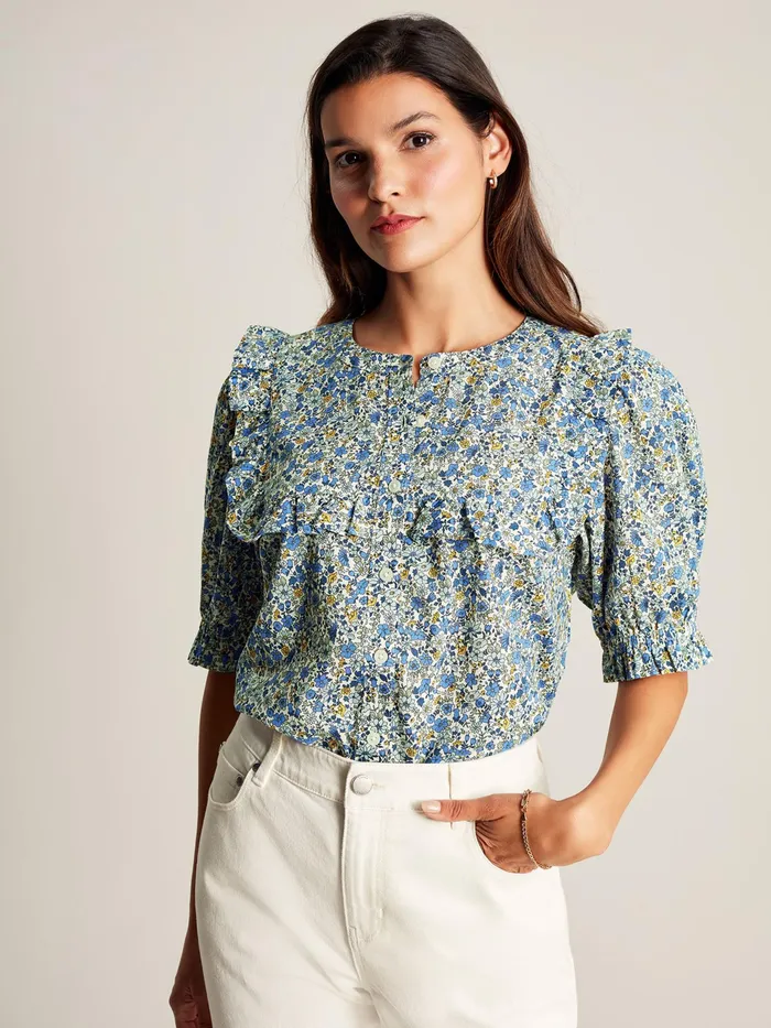 Joules Clarabelle 8211 Blue Ditsy Blouse With Frilled Bib Women Shirts and Blouses