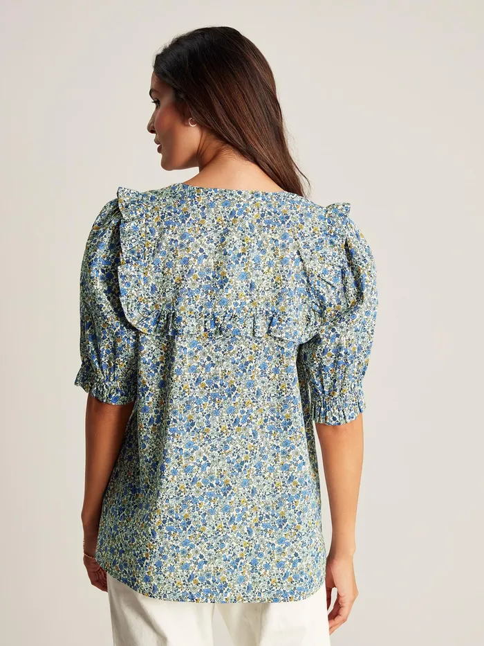 Joules Clarabelle 8211 Blue Ditsy Blouse With Frilled Bib Women Shirts and Blouses