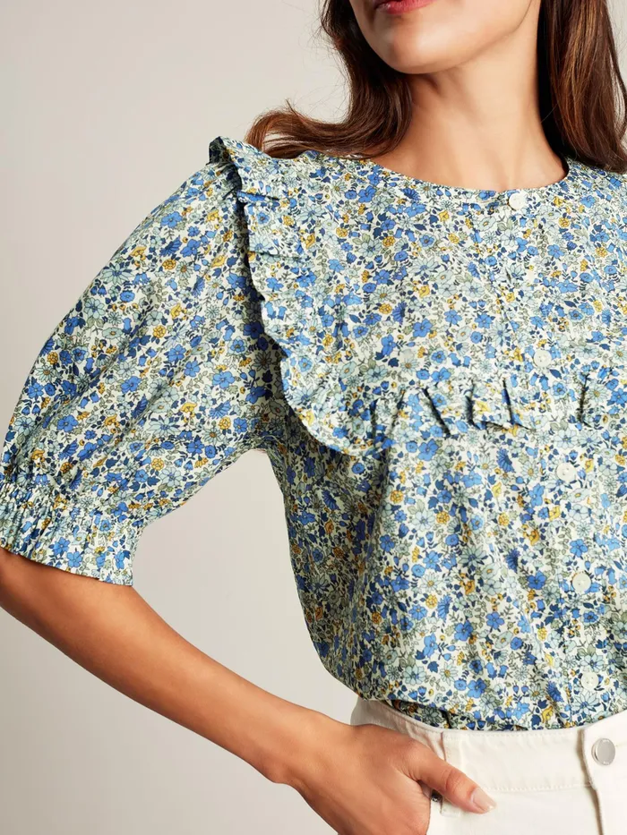 Joules Clarabelle 8211 Blue Ditsy Blouse With Frilled Bib Women Shirts and Blouses