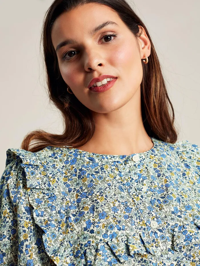 Joules Clarabelle 8211 Blue Ditsy Blouse With Frilled Bib Women Shirts and Blouses