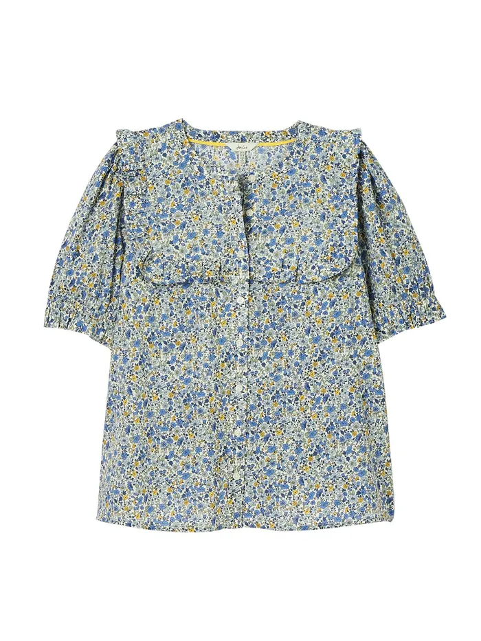 Joules Clarabelle 8211 Blue Ditsy Blouse With Frilled Bib Women Shirts and Blouses
