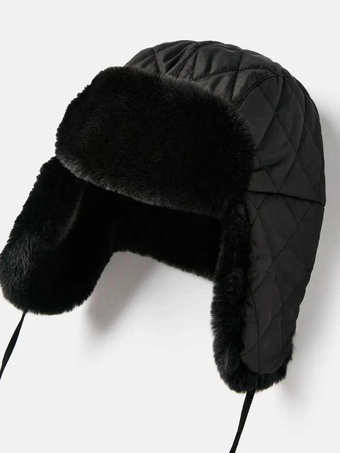 Joules Eira 8211 Black Faux Fur Lined Trapper Hat Women Hats