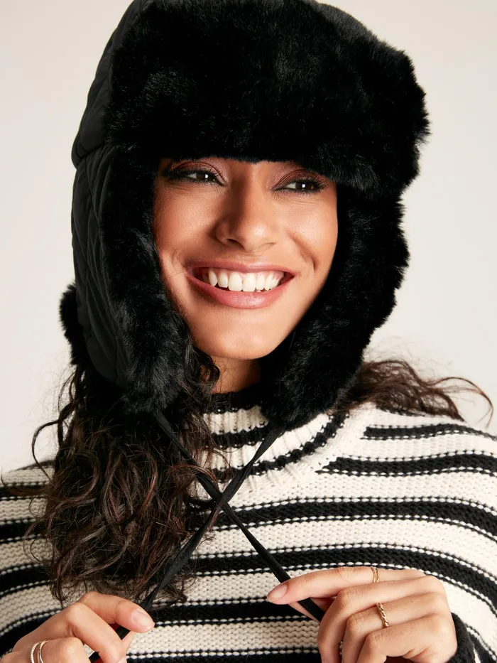 Joules Eira 8211 Black Faux Fur Lined Trapper Hat Women Hats