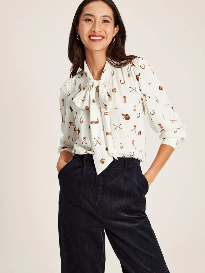 Joules Everly 8211 Equestrian White Tie Neck Blouse Women Shirts and Blouses
