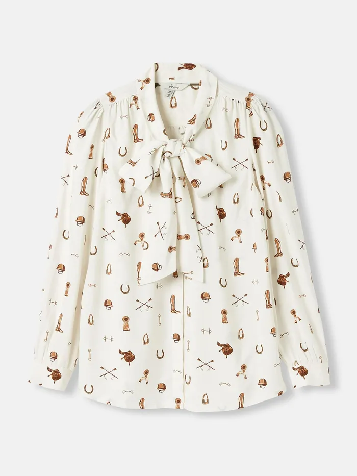 Joules Everly 8211 Equestrian White Tie Neck Blouse Women Shirts and Blouses