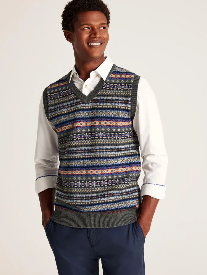 Joules Fair Isle 8211 Grey Tank Top Men Knitwear