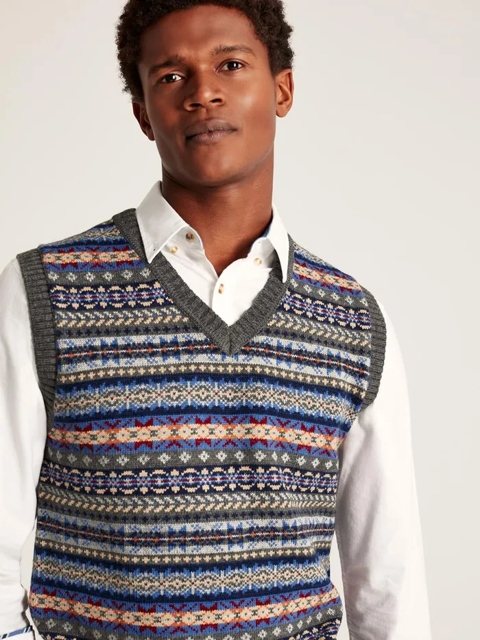 Joules Fair Isle 8211 Grey Tank Top Men Knitwear