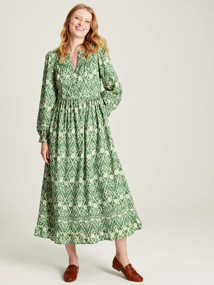 Joules Heather 8211 Green Floral Pleated Dress Women Dresses